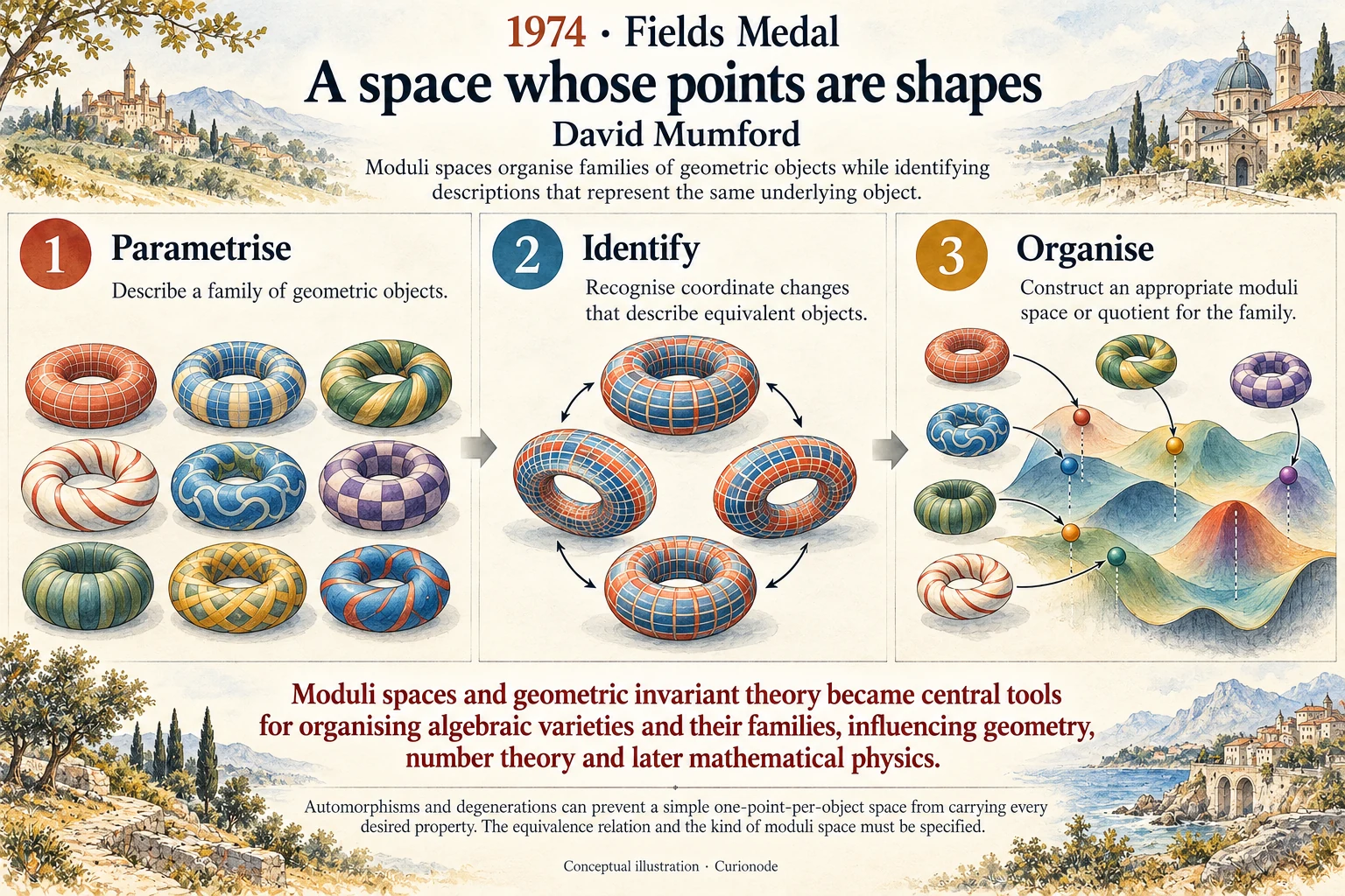 A space whose points are shapes: Moduli spaces organise families of geometric objects while identifying descriptions that represent the same underlying object.