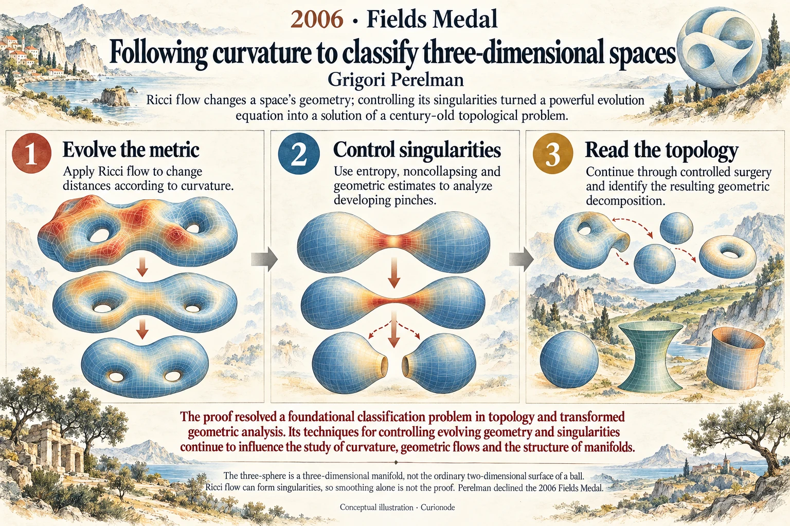 Following curvature to classify three-dimensional spaces: Ricci flow changes a space’s geometry; controlling its singularities turned a powerful evolution equation into a solution of a century-old topological problem.