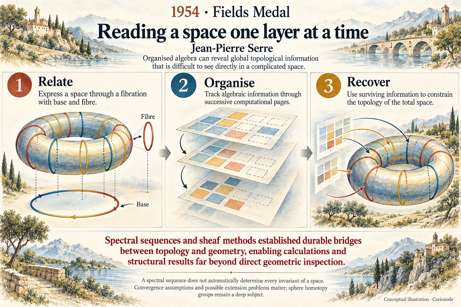 Reading a space one layer at a time: Organised algebra can reveal global topological information that is difficult to see directly in a complicated space.