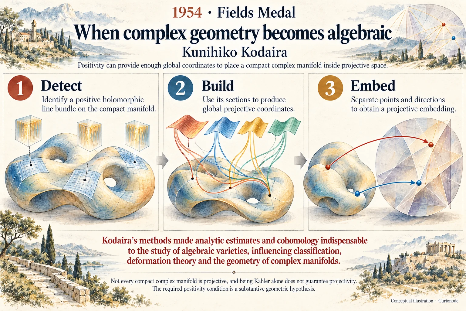 When complex geometry becomes algebraic: Positivity can provide enough global coordinates to place a compact complex manifold inside projective space.