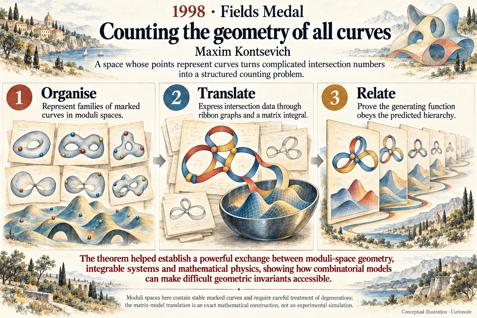 Counting the geometry of all curves: A space whose points represent curves turns complicated intersection numbers into a structured counting problem.