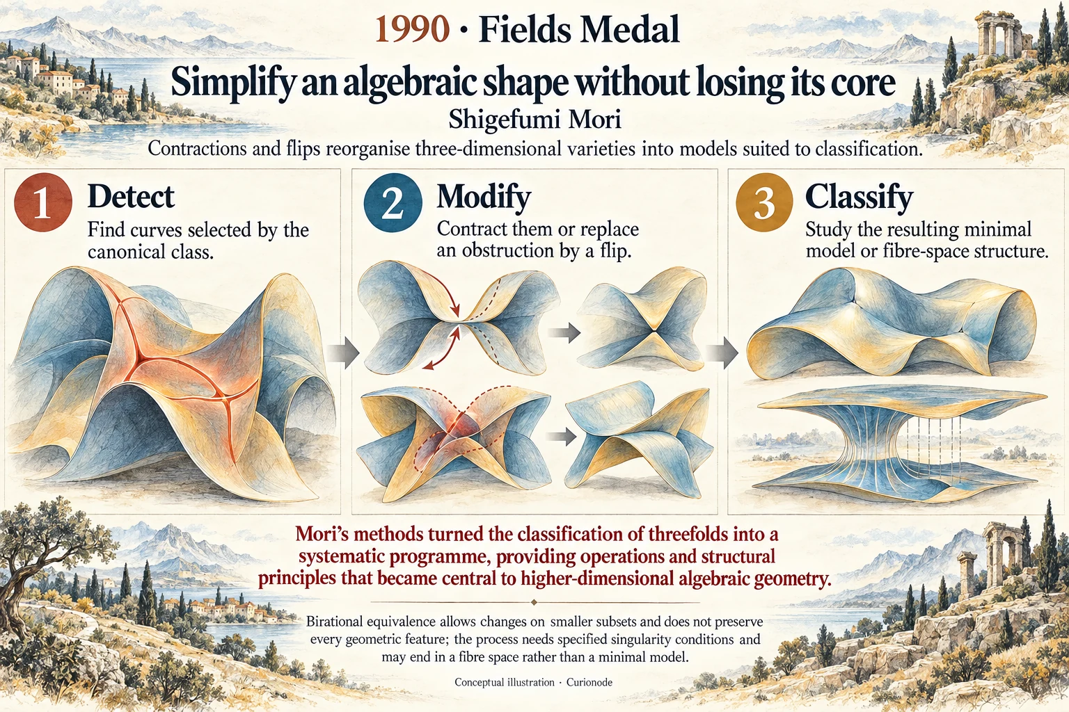 Simplify an algebraic shape without losing its core: Contractions and flips reorganise three-dimensional varieties into models suited to classification.