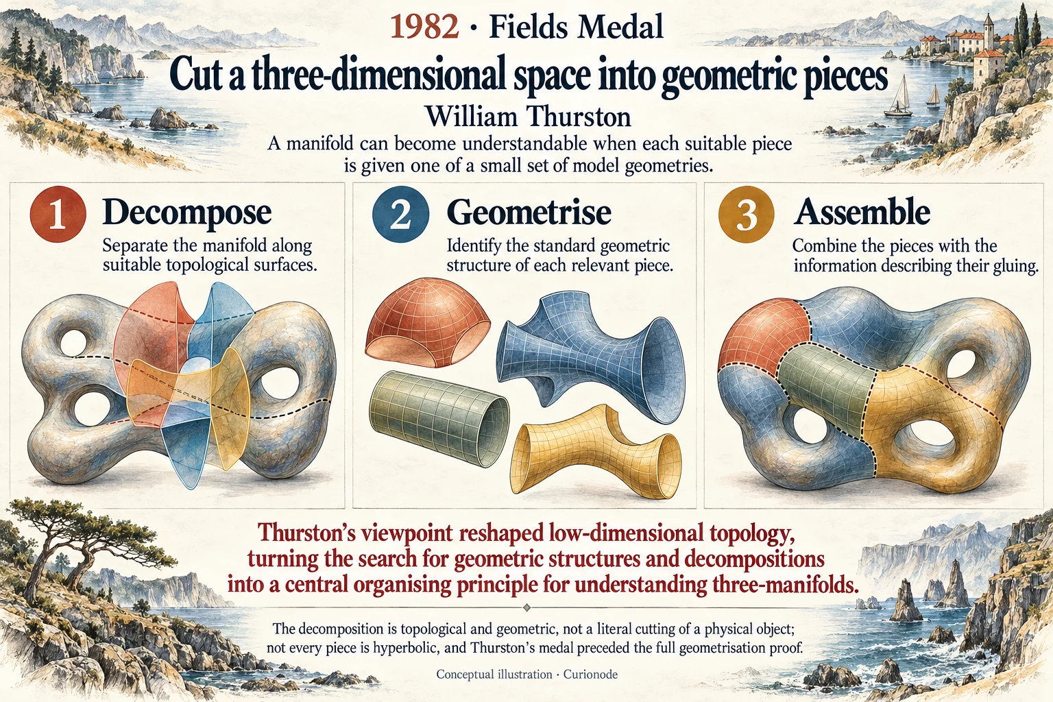 Cut a three-dimensional space into geometric pieces: A manifold can become understandable when each suitable piece is given one of a small set of model geometries.